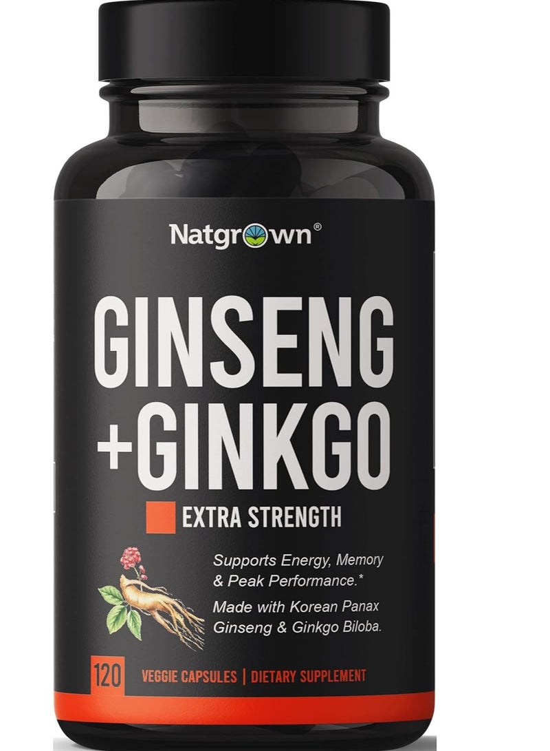 Natgrown Panax Ginseng & Ginkgo Biloba Supplement Supports Memory Focus & Brain Function 120 Capsules 60 Servings - Image 1