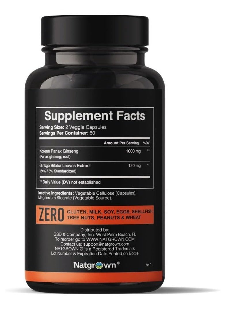 Natgrown Panax Ginseng & Ginkgo Biloba Supplement Supports Memory Focus & Brain Function 120 Capsules 60 Servings - Image 2