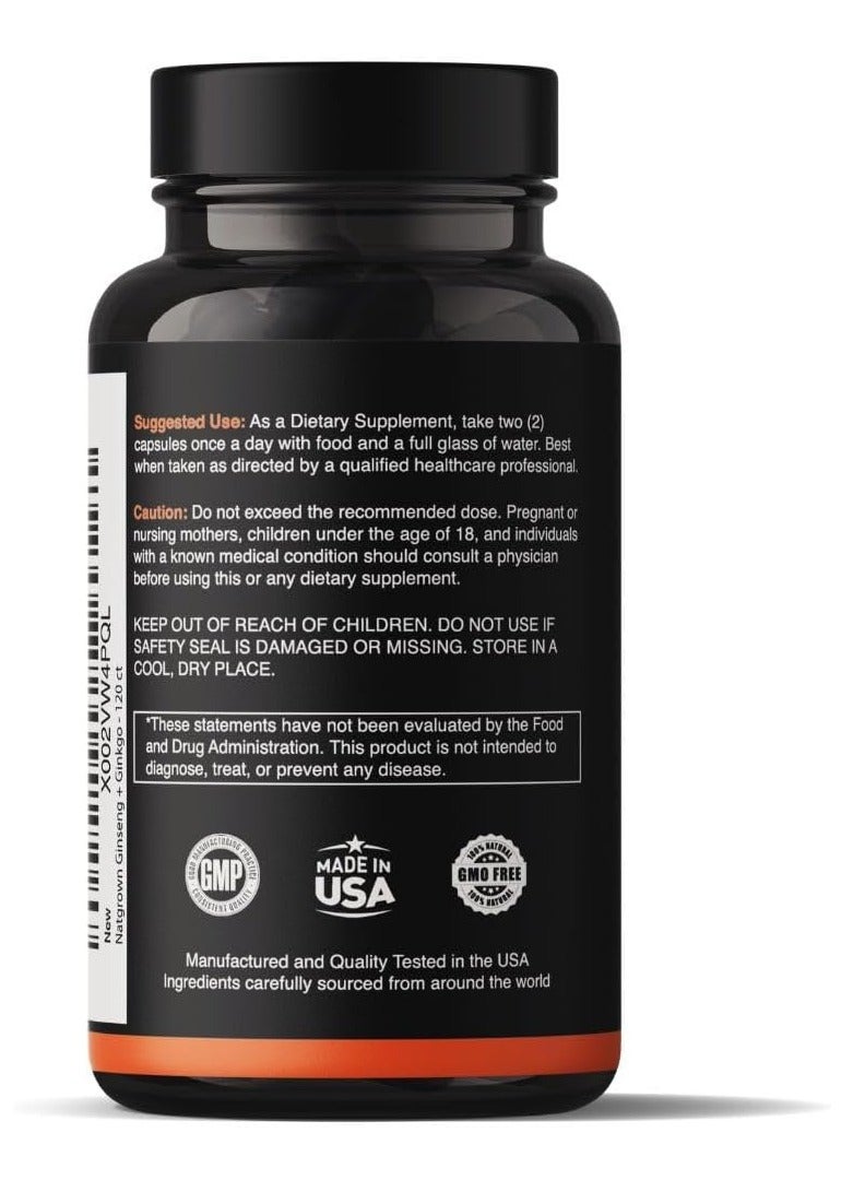 Natgrown Panax Ginseng & Ginkgo Biloba Supplement Supports Memory Focus & Brain Function 120 Capsules 60 Servings - Image 3