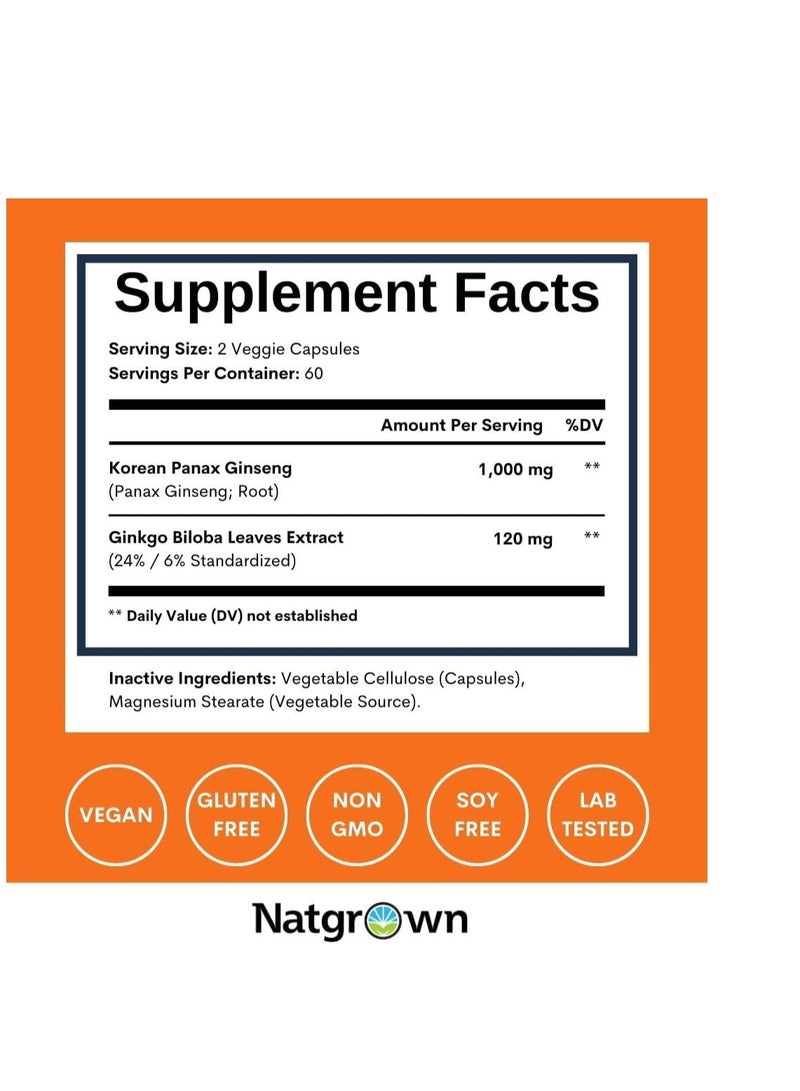 Natgrown Panax Ginseng & Ginkgo Biloba Supplement Supports Memory Focus & Brain Function 120 Capsules 60 Servings - Image 4