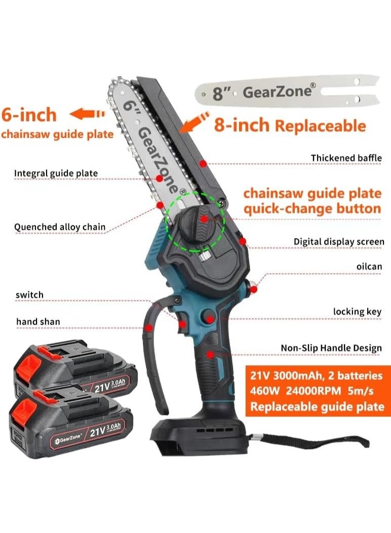 GearZone Cordless Chainsaw 6 and 8 Inches, 2-in-1 Mini Chainsaw with 2pcs Batteries and Charger, Small Chainsaw Portable Wood Cutter One-Handed Chainsaw for Trees, Gardening, Forests - Image 3