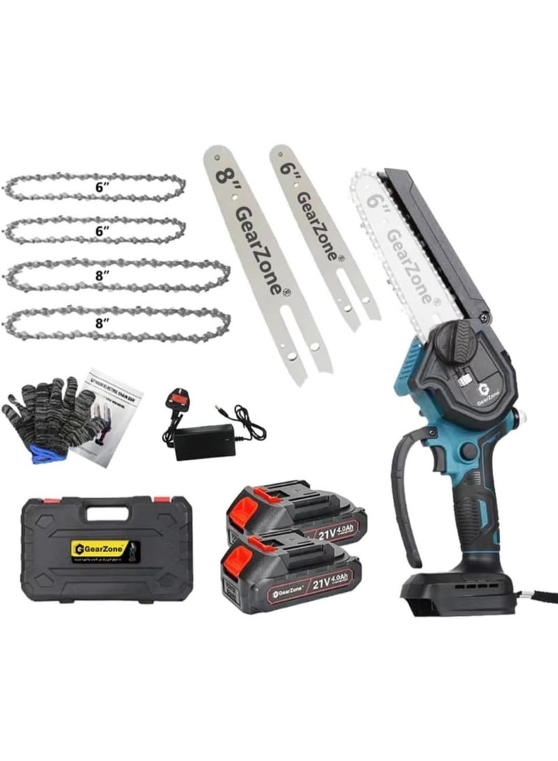 GearZone Cordless Chainsaw 6 and 8 Inches, 2-in-1 Mini Chainsaw with 2pcs Batteries and Charger, Small Chainsaw Portable Wood Cutter One-Handed Chainsaw for Trees, Gardening, Forests - Image 1