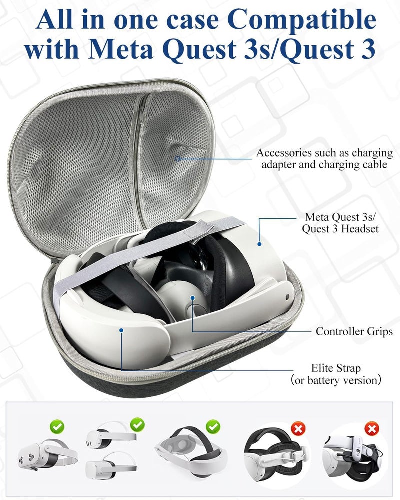 Careflection Carry Case for Oculus Meta Quest 3/ Quest 3 VR Glass Dust Proof Double Layer Storage Box & Travel Hand Carrying Bag Fits Virtual Reality Device+Elite Strap+Controllers+ Cable+ Kit, Grey - Image 3