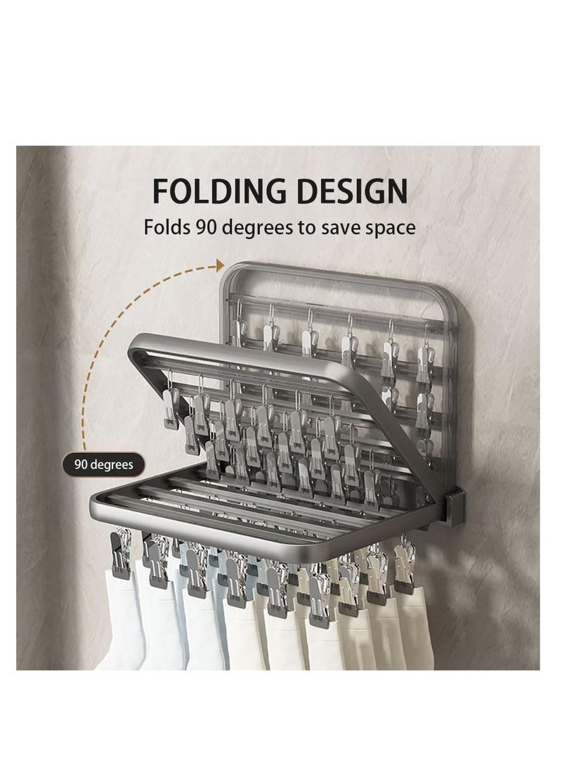 2PCS Foldable Clothes Drying Rack Wall Mounted Clothes Hanger Multiuse Laundry Hanger with Total 52 Windproof Clips for Socks Underwear Pants Towel Scarfs and Bras (Grey, 2)