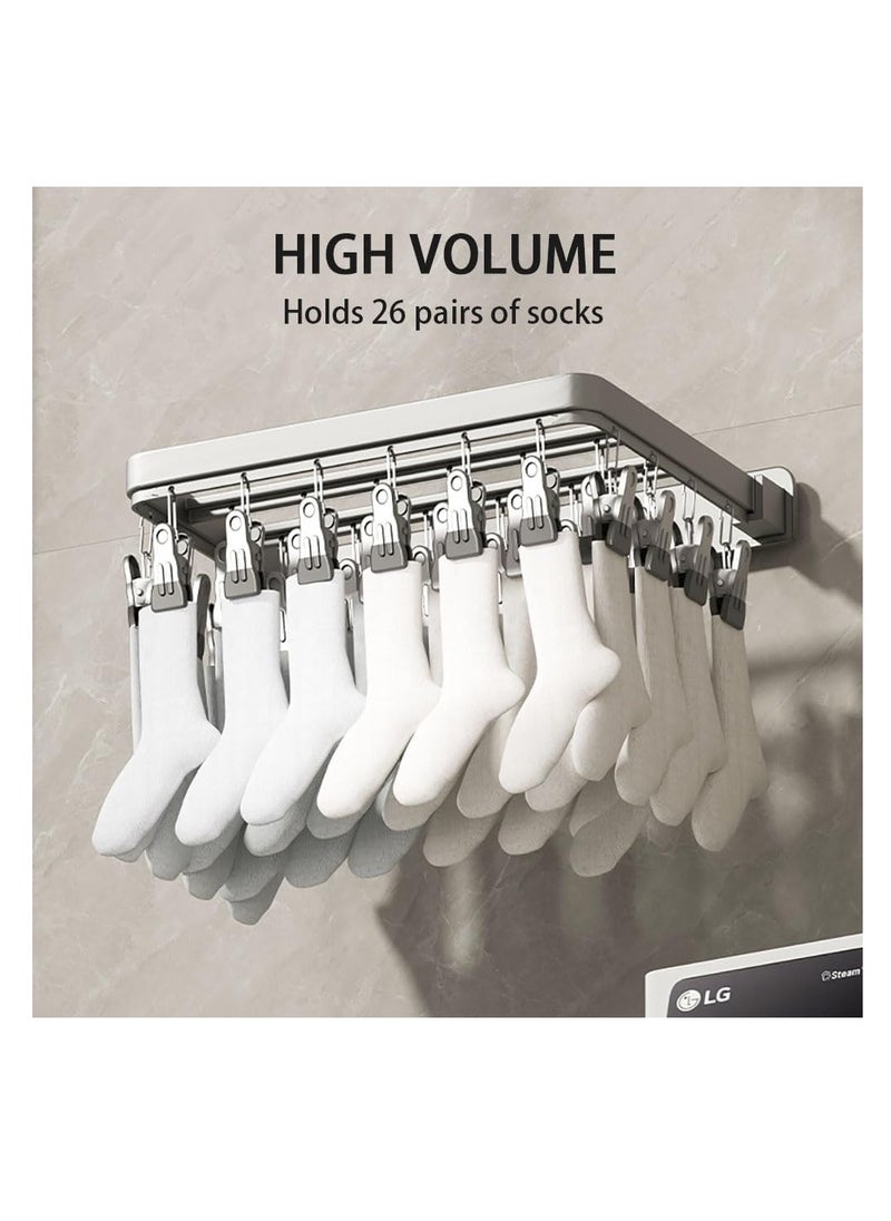 2PCS Foldable Clothes Drying Rack Wall Mounted Clothes Hanger Multiuse Laundry Hanger with Total 52 Windproof Clips for Socks Underwear Pants Towel Scarfs and Bras (Grey, 2)