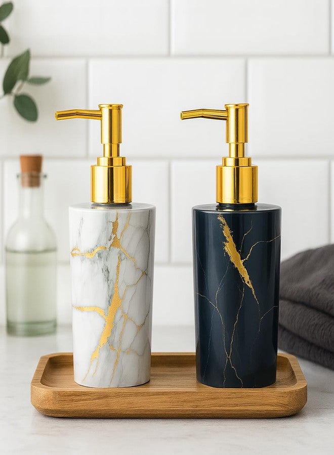 LAGET® 300ml Soap Dispenser for wash Basin - White Black Golden Print | Kitchen and Bathroom Accessories Items | Handwash Dispenser Bottle Gold Finsih Top- Set of 2 - Image 1