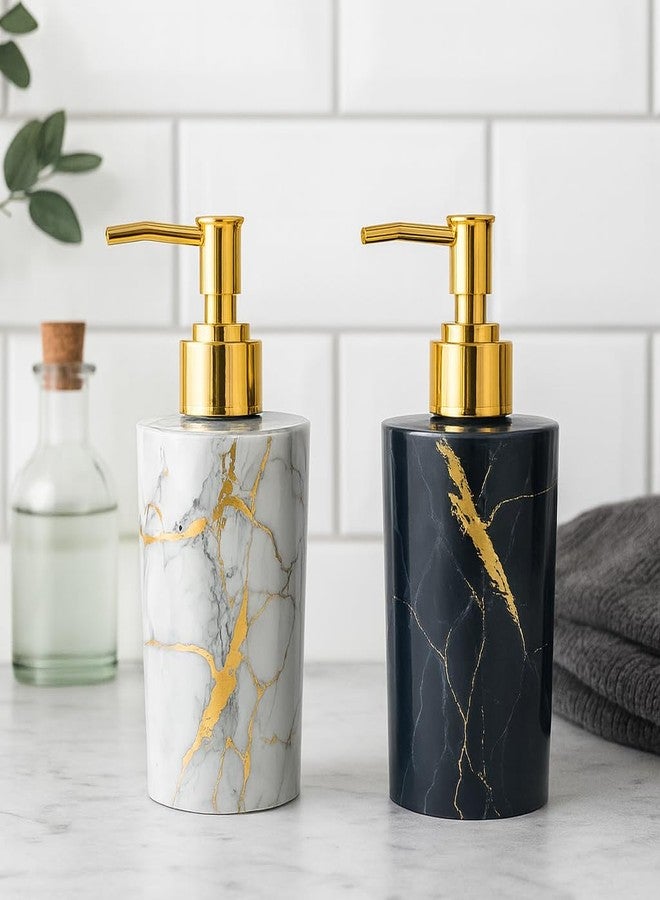 LAGET® 300ml Soap Dispenser for wash Basin - White Black Golden Print | Kitchen and Bathroom Accessories Items | Handwash Dispenser Bottle Gold Finsih Top- Set of 2 - Image 2