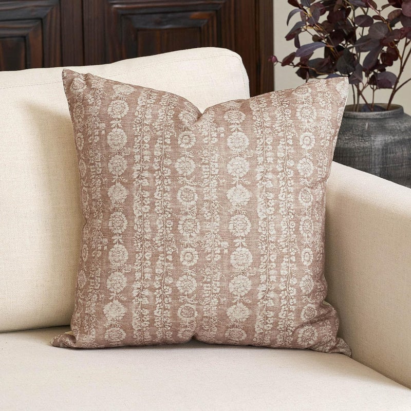 Amor Virisso Vintage Floral Throw Pillow Covers 18x18 Striped Farmhouse Block Print Pillow Cover Boho Neutral Decorative Pillows for Living Room Bed, Light Camel - Image 1