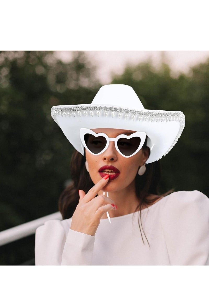 Western Cowgirl Hat Rhinestone Pearl Cowboy for Women with Heart-Shaped Sunglasses White Bride Bachelorette Party Costumes  - Image 4