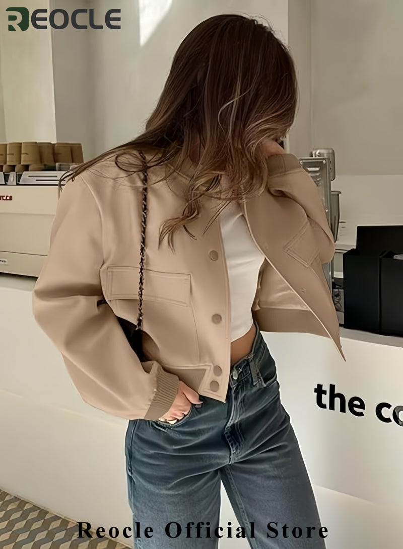 ريوكل جاكيت نسائي قصير بأكمام قصيرة مع أزرار وسترات جامعية مع جيوب - Image 2