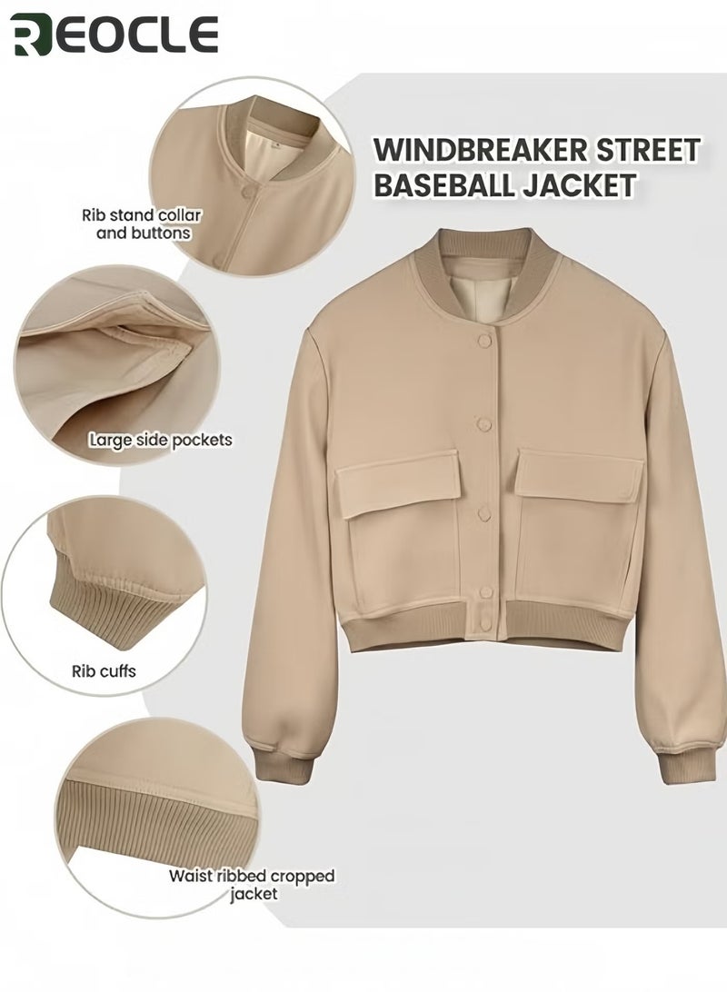REOCLE Womens Cropped Bomber Jacket Button Down Varsity Jackets Shackets With Pockets - Image 5