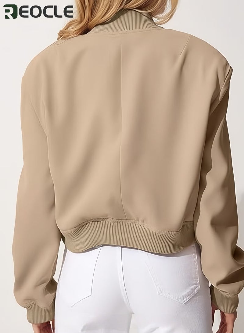 REOCLE Womens Cropped Bomber Jacket Button Down Varsity Jackets Shackets With Pockets - Image 4