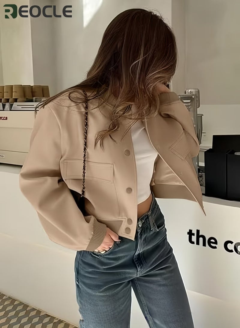 REOCLE Womens Cropped Bomber Jacket Button Down Varsity Jackets Shackets With Pockets - Image 2