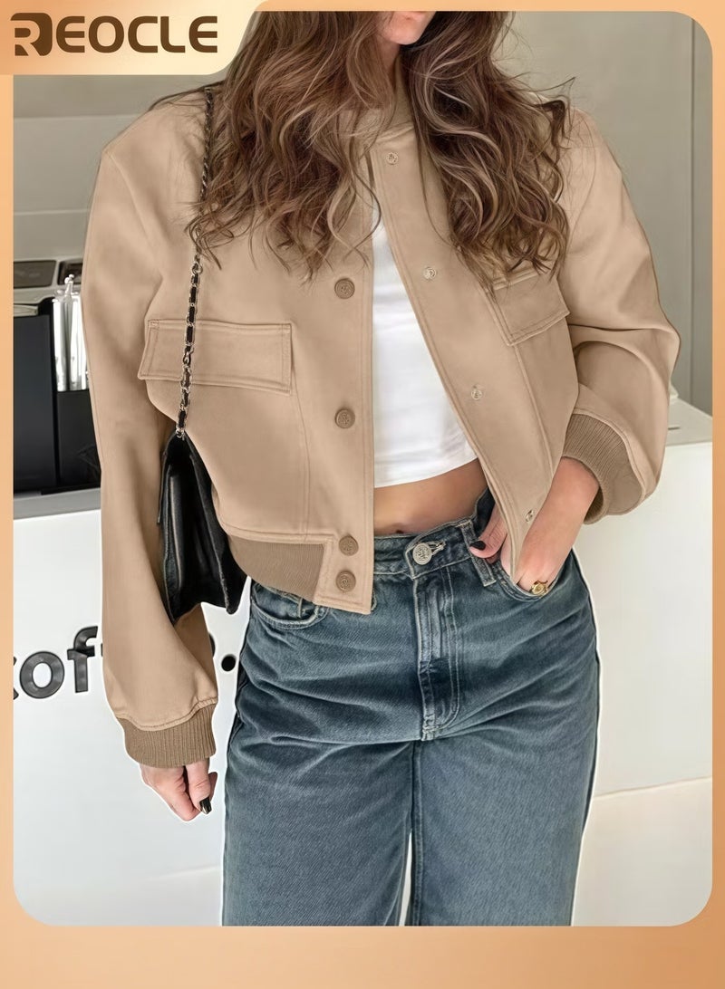 REOCLE Womens Cropped Bomber Jacket Button Down Varsity Jackets Shackets With Pockets - Image 1