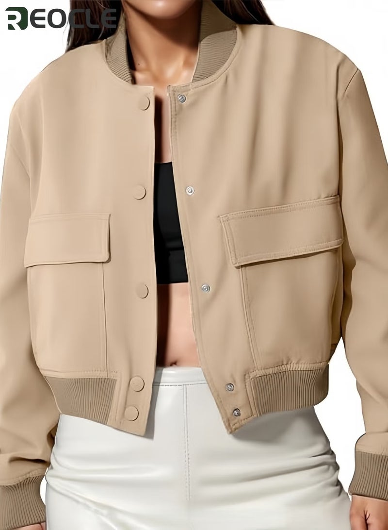 REOCLE Womens Cropped Bomber Jacket Button Down Varsity Jackets Shackets With Pockets - Image 3