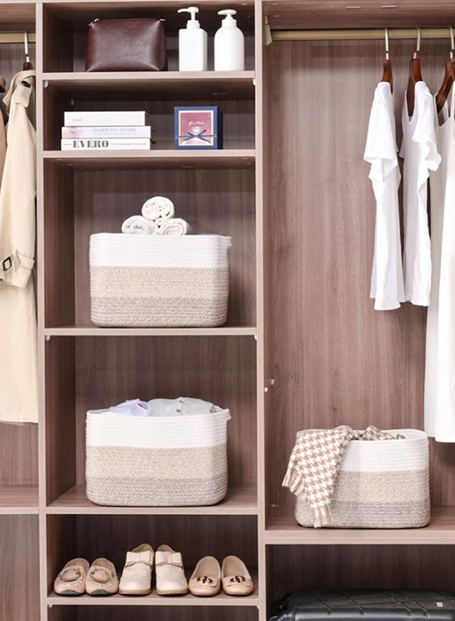 Hanayo 3 Pack Storage Basket for Organizing Woven Baskets Storage Bins & Toy Organizer with Handles Cotton Rope Storage Basket for Books Baby Basket for  Bedroom Living Room (White & Brown) - Image 2