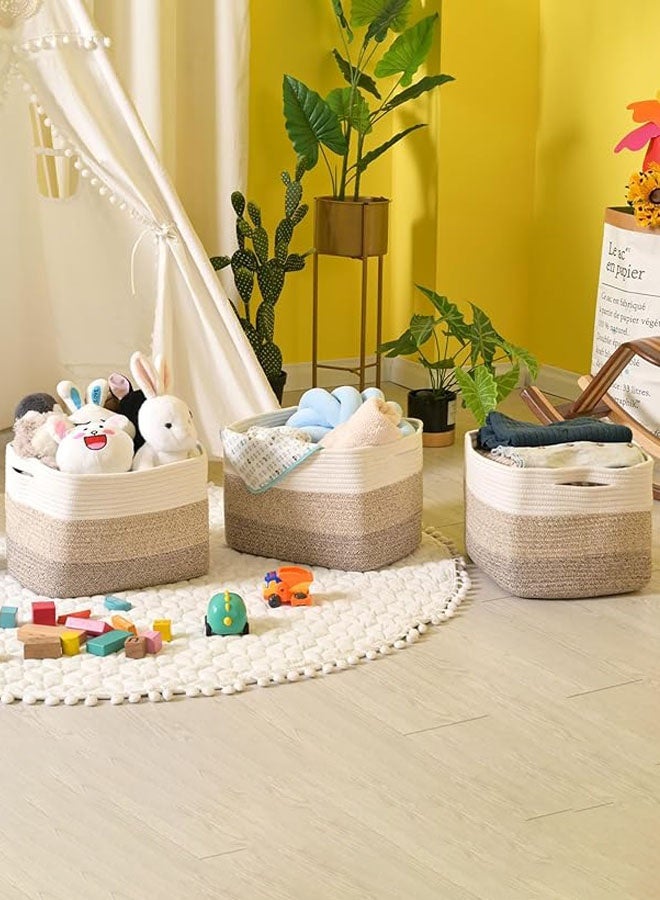 Hanayo 3 Pack Storage Basket for Organizing Woven Baskets Storage Bins & Toy Organizer with Handles Cotton Rope Storage Basket for Books Baby Basket for  Bedroom Living Room (White & Brown) - Image 3