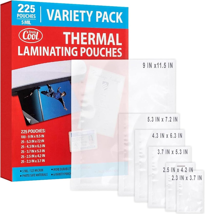 Simply Cool 5MIL Thermal Laminating Sheets (225 Count) Letter, Photo, Card, Notecard, ID Badge and Business Card Sizes, Laminating Pouches, Compatible with Laminators, Crystal Clear Laminated Finish - Image 1