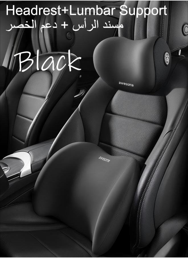 Generic Lumbar Support Pillow And Car Headrest Neck Pillow Set Car Back Cushion Lumbar Support And Car Neck Pillow Kit Relieve Neck And Back Pain Improve Posture Cushion Memory Foam Ergonomic Seat Cushion With Adjustable Strap Automotive Interior (Black)  - Image 1