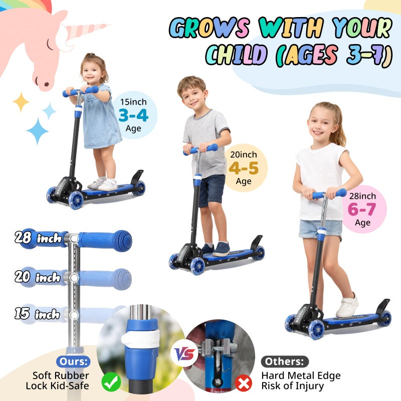 Wefaith Kick Scooter for Kids 3-7 Age - Three Wheel Light Up Scooters, Lean to Steer,Foldable,Stable Dual Rear Wheels, Adjustable Height, for 3-5,5-7 Year Old Girls Boys Up to 120 Lbs - Image 4