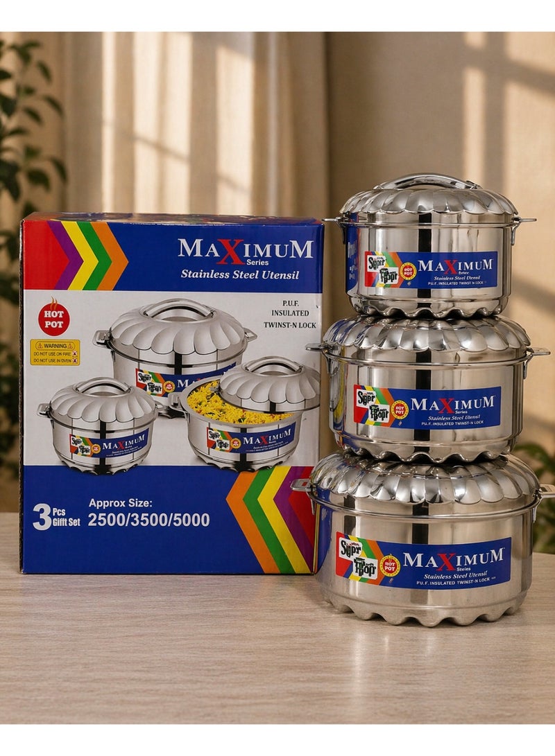 ماكسيموم طقم حافظات طعام ستانلس ستيل 3 قطع مع عزل حراري – أواني تقديم فاخرة للحفاظ على الحرارة – سعات متعددة 2500/3500/5000 مل – مناسب للمطبخ والعزائم - Image 1