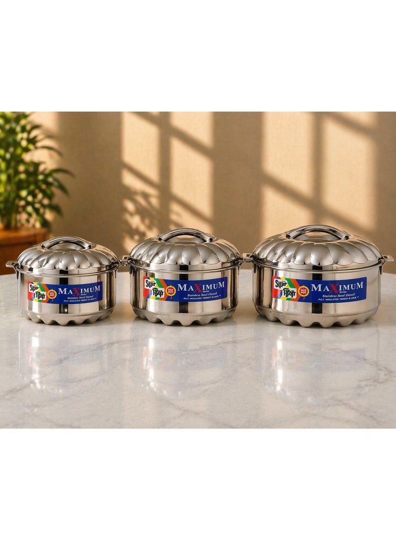 ماكسيموم طقم حافظات طعام ستانلس ستيل 3 قطع مع عزل حراري – أواني تقديم فاخرة للحفاظ على الحرارة – سعات متعددة 2500/3500/5000 مل – مناسب للمطبخ والعزائم - Image 2