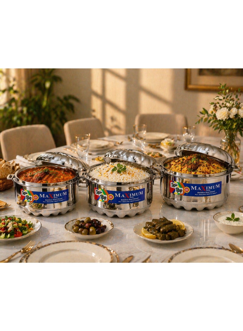 ماكسيموم طقم حافظات طعام ستانلس ستيل 3 قطع مع عزل حراري – أواني تقديم فاخرة للحفاظ على الحرارة – سعات متعددة 2500/3500/5000 مل – مناسب للمطبخ والعزائم - Image 3