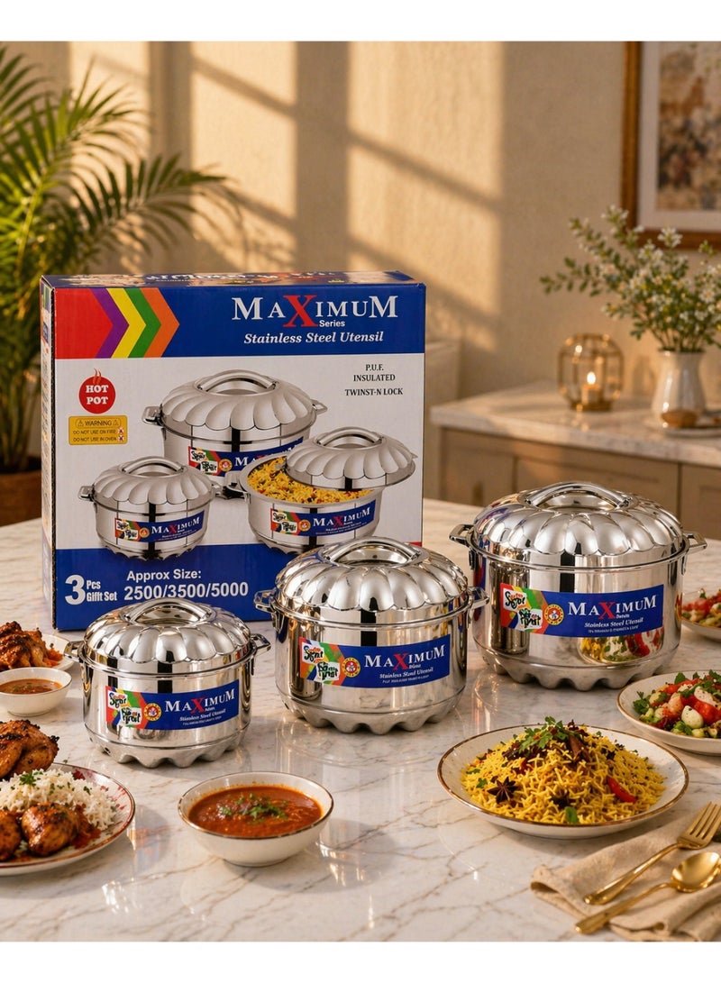 ماكسيموم طقم حافظات طعام ستانلس ستيل 3 قطع مع عزل حراري – أواني تقديم فاخرة للحفاظ على الحرارة – سعات متعددة 2500/3500/5000 مل – مناسب للمطبخ والعزائم - Image 4