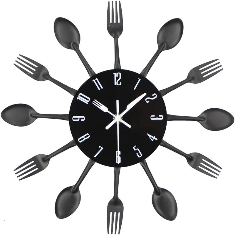 Timelike Kitchen Wall Clock, 3D Removable Modern Creative Cutlery Kitchen Spoon Fork Wall Clock Mirror Wall Decal Wall Sticker Room Home Decoration (Black) - Image 1