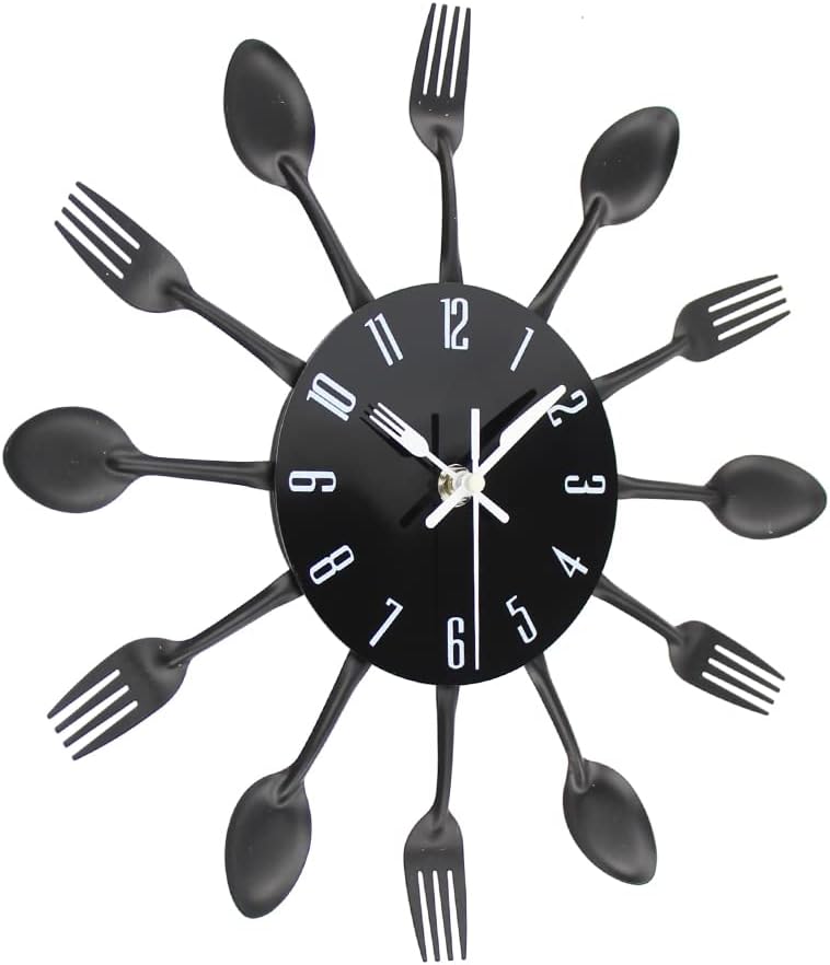 Timelike Kitchen Wall Clock, 3D Removable Modern Creative Cutlery Kitchen Spoon Fork Wall Clock Mirror Wall Decal Wall Sticker Room Home Decoration (Black) - Image 2