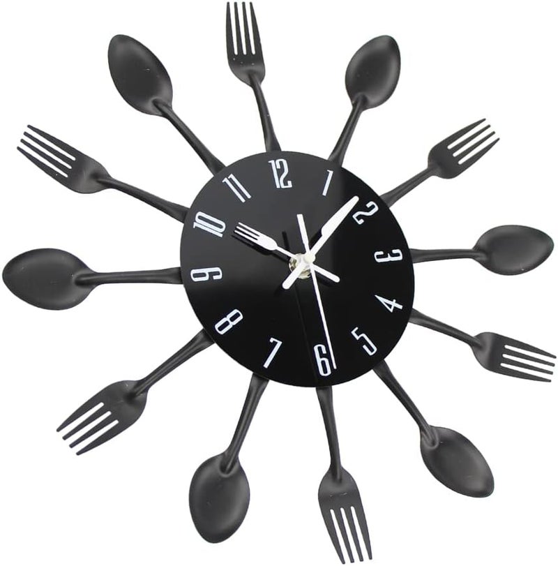 Timelike Kitchen Wall Clock, 3D Removable Modern Creative Cutlery Kitchen Spoon Fork Wall Clock Mirror Wall Decal Wall Sticker Room Home Decoration (Black) - Image 3