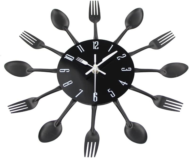 Timelike Kitchen Wall Clock, 3D Removable Modern Creative Cutlery Kitchen Spoon Fork Wall Clock Mirror Wall Decal Wall Sticker Room Home Decoration (Black) - Image 4