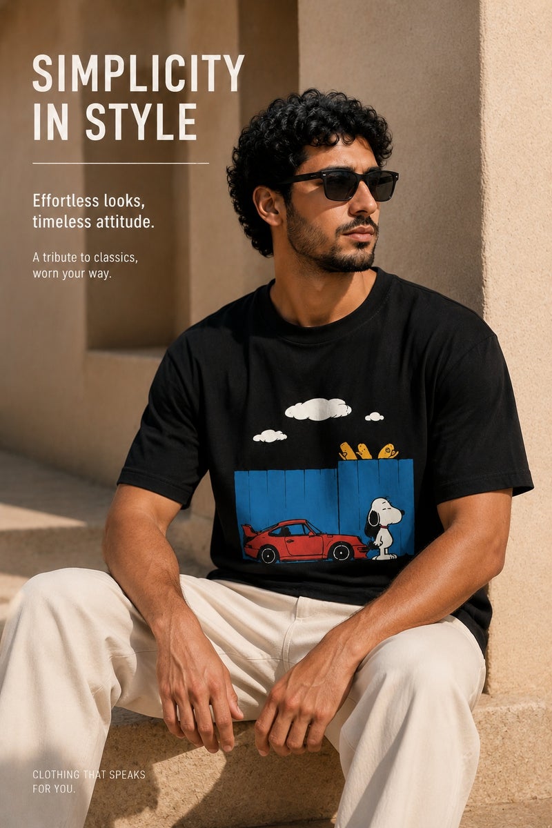 Men's Black Snoopy Graphic T-Shirt Casual Short Sleeve Crew Neck Streetwear Tee - Image 4