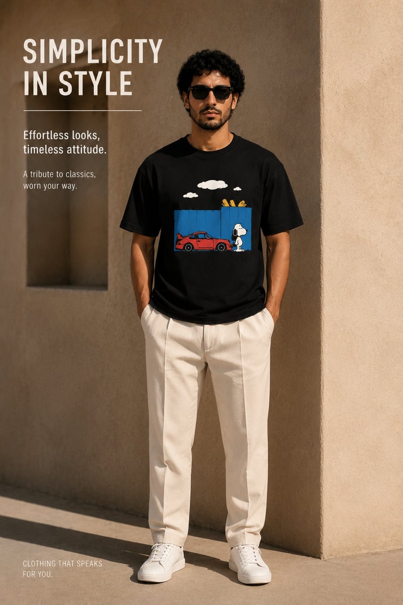 Men's Black Snoopy Graphic T-Shirt Casual Short Sleeve Crew Neck Streetwear Tee - Image 2