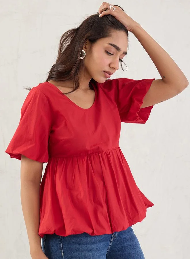 Femmella Femmella Red Poplin Peplum Hem Top