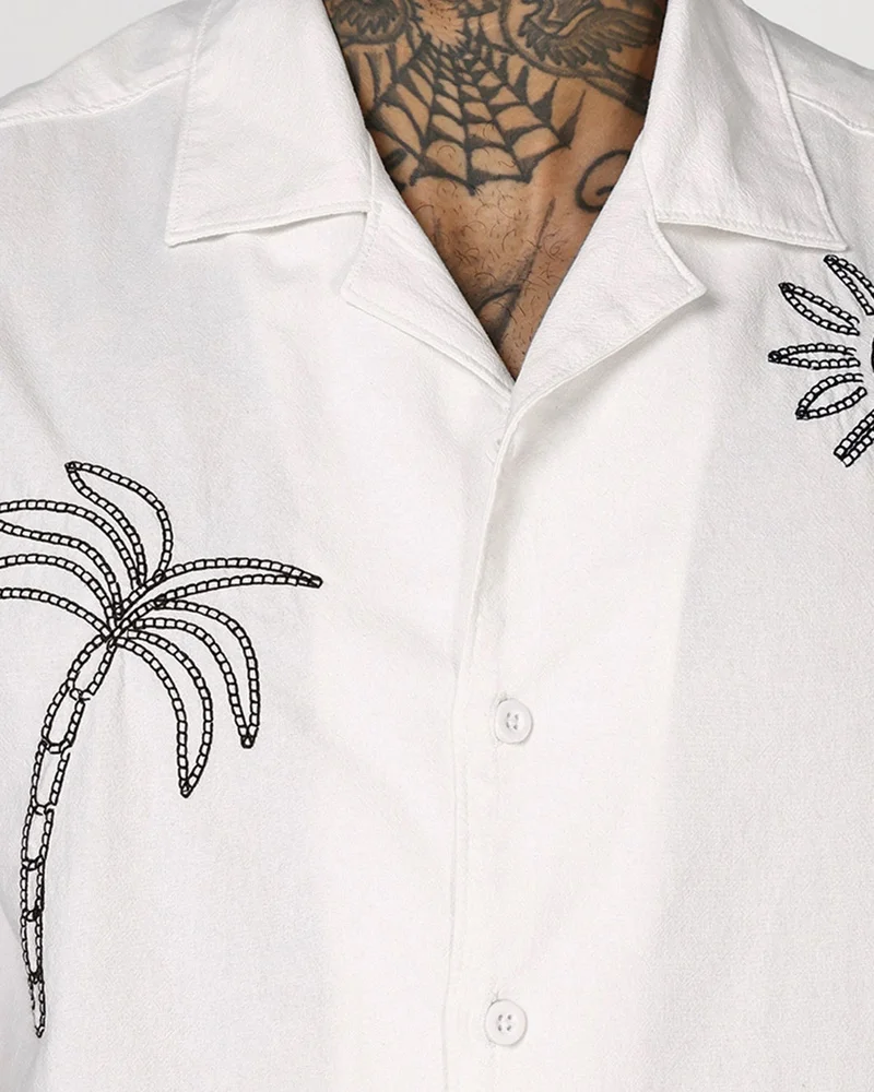 بيواكوف Men's White Embroidered Oversized Shirt