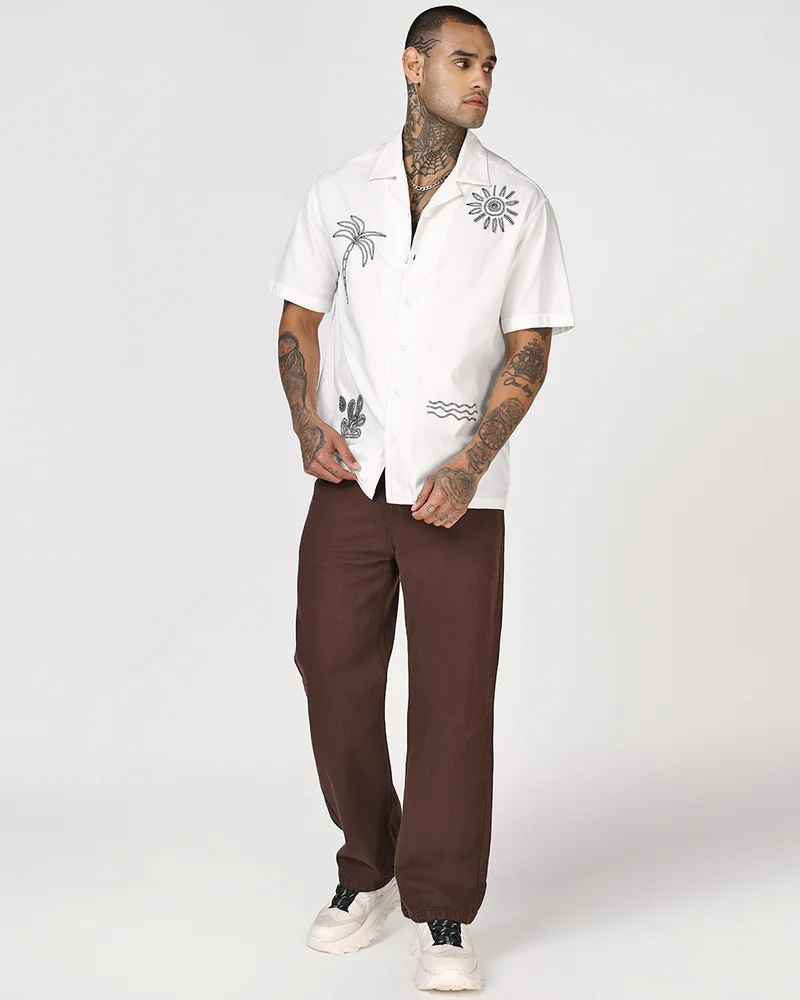 bewakoof  Men's White Embroidered Oversized Shirt for Men | Best Price UAE