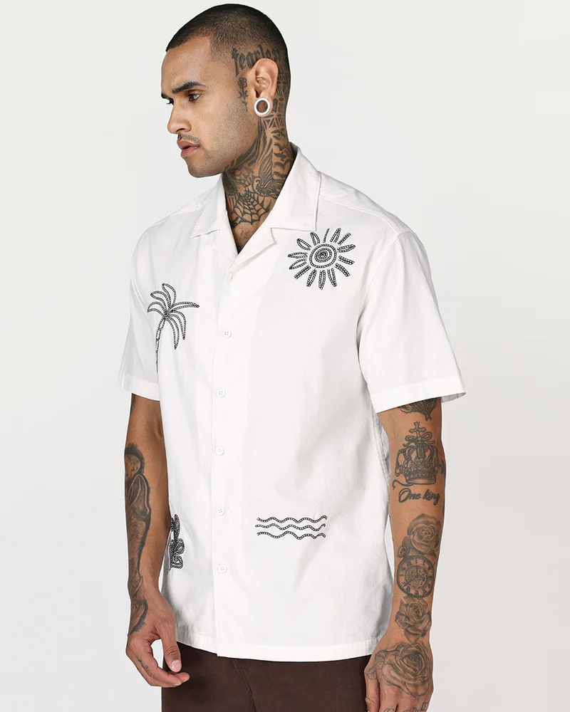 bewakoof  Men's White Embroidered Oversized Shirt for Men | Best Price UAE
