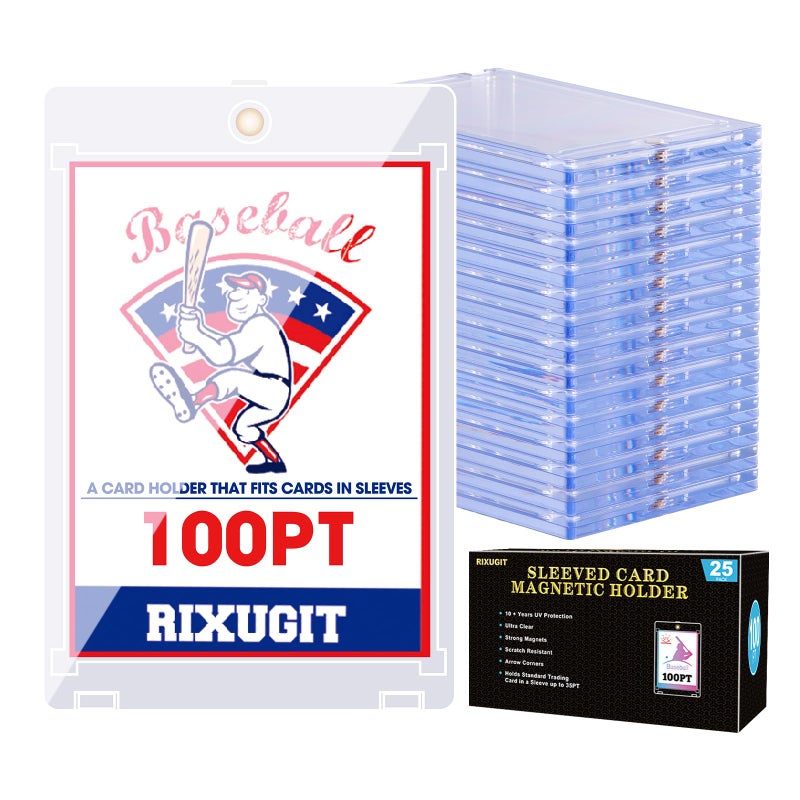 RIXUGIT 25-Pack Sleeved Card Magnetic Holders - 100pt Magnetic Card Case, Fits Sleeved Card First, One Touch Card Holder, Inner Size 2.63â€³Ã—3.70â€³, Clear Hard Case for Trading Cards, Sports Card, Games Cards - Image 1