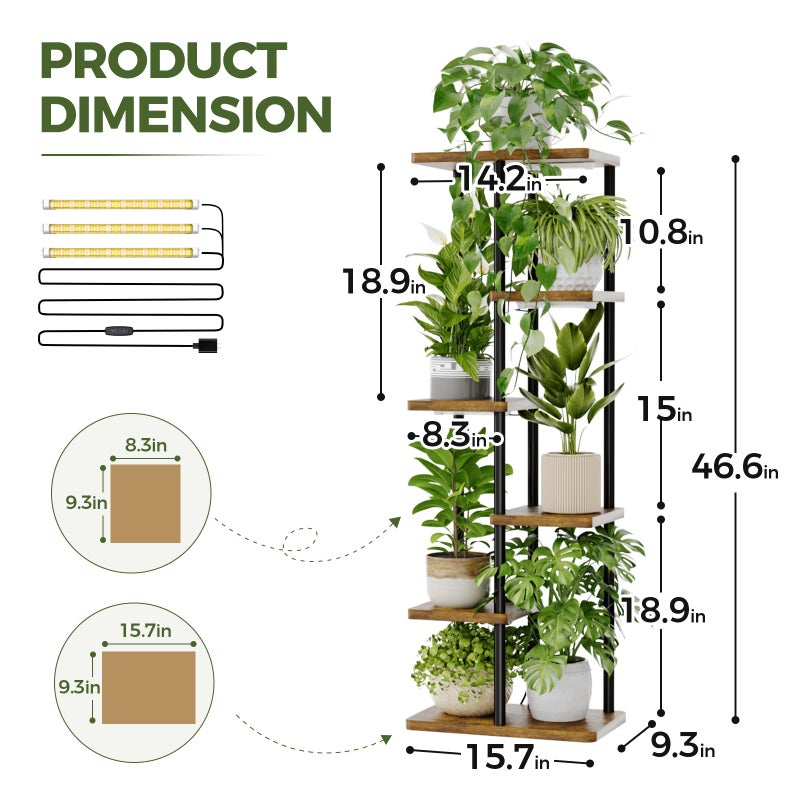 Bamworld Plant Shelf with Grow Light for Indoor Plants Corner 6 Tier Metal Plant Stand Wood Flower Stand for Home Living Room Decor Patio Decor - Image 2