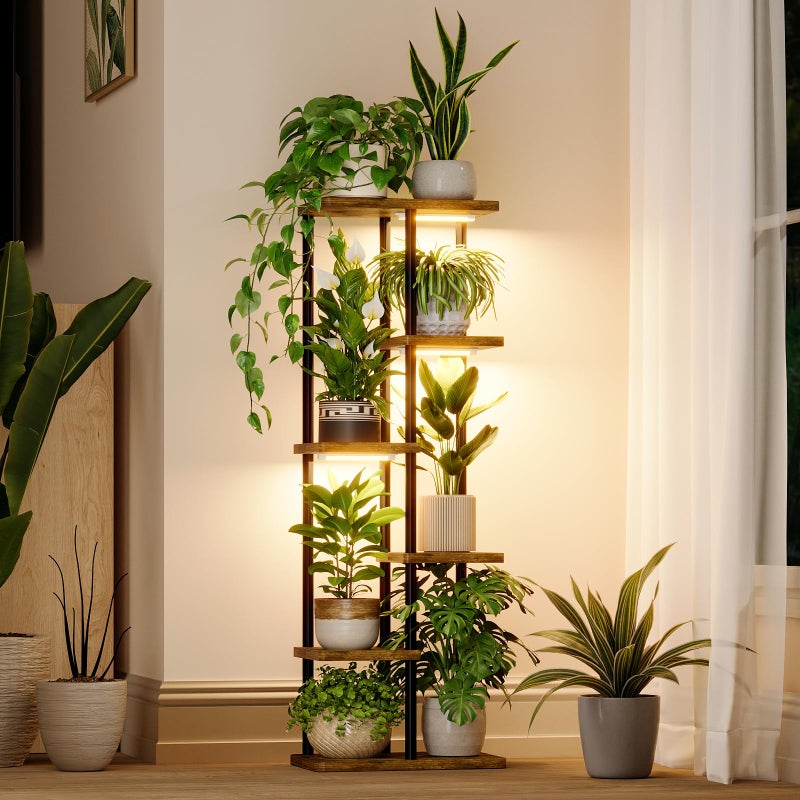 Bamworld Plant Shelf with Grow Light for Indoor Plants Corner 6 Tier Metal Plant Stand Wood Flower Stand for Home Living Room Decor Patio Decor - Image 1