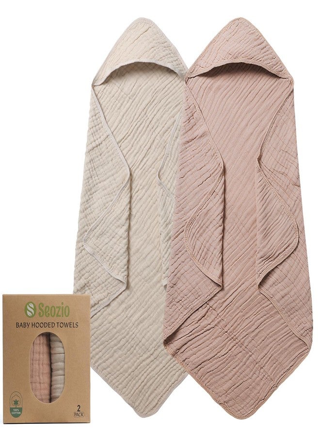 Seozio Muslin Hooded Baby Towels, 2 Pack 100% Cotton 32x32Inch Baby Bath Towel with Hood for Babies, Infant, Toddler, Soft and Absorbent Newborn Essential. (Light Bean Paste) - Image 1