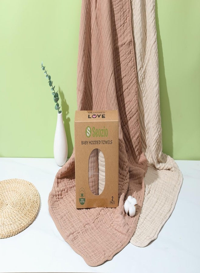 Seozio Muslin Hooded Baby Towels, 2 Pack 100% Cotton 32x32Inch Baby Bath Towel with Hood for Babies, Infant, Toddler, Soft and Absorbent Newborn Essential. (Light Bean Paste) - Image 3