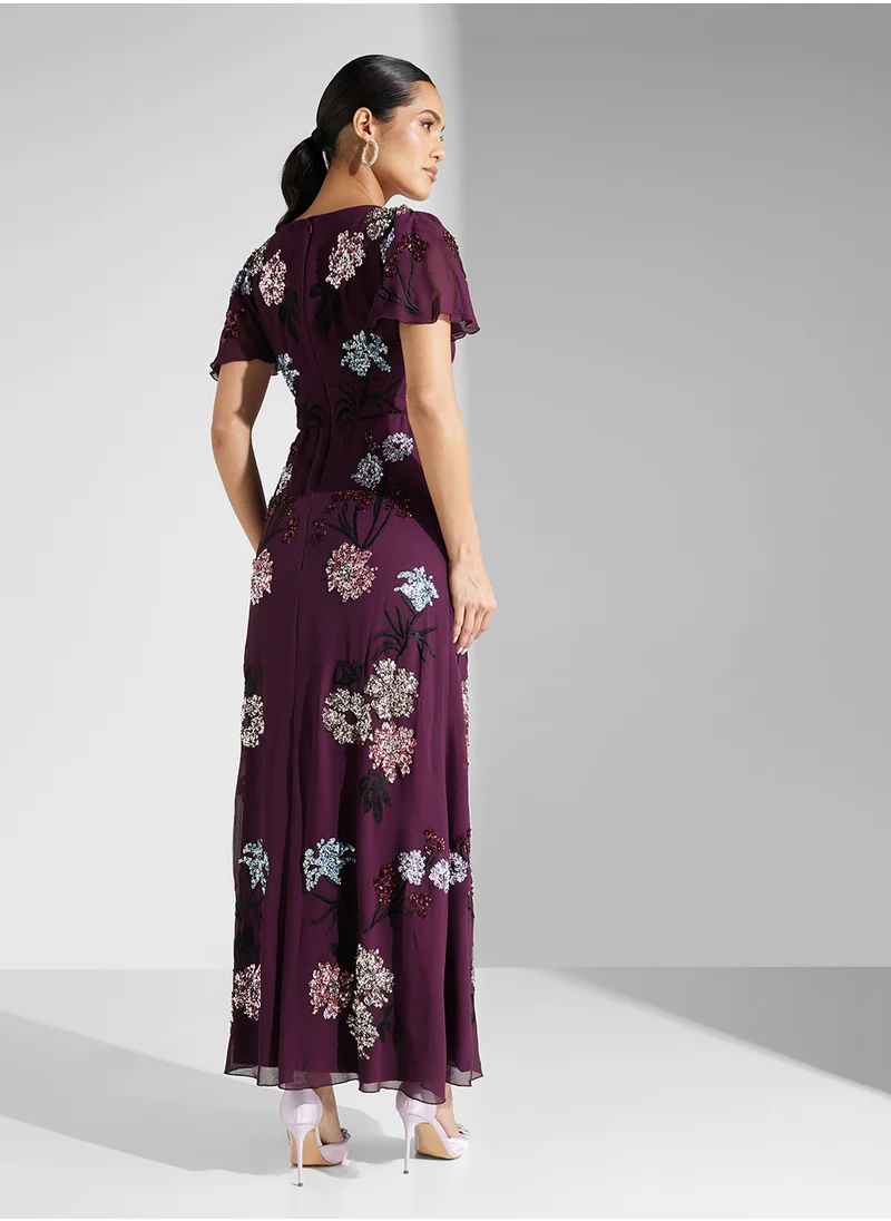 مايا Embellished Flutter Sleeve Side Slit Maxi Dress