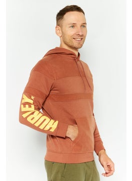 Hurley Men Hooded Brand Logo Long Sleeves Sweatshirt, Brown  - Image 3