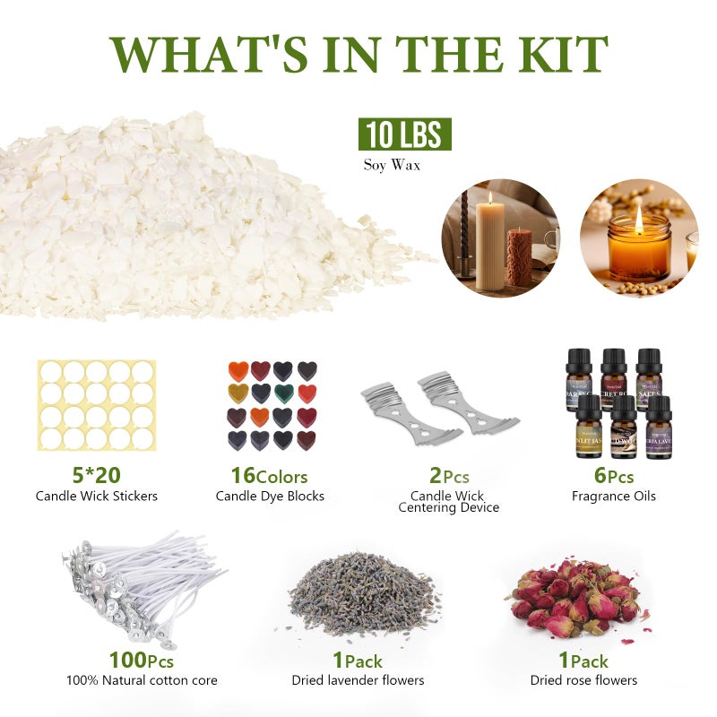FUHITIM Soy Candle Wax Kit for Candle Making 10 lbs Bag, Premium Natural Soy Wax Flakes, No additives and Pure, 100 Cotton Candle Wicks, Fragrance Oils, Dried Flowers & Pigment Colors - Image 2