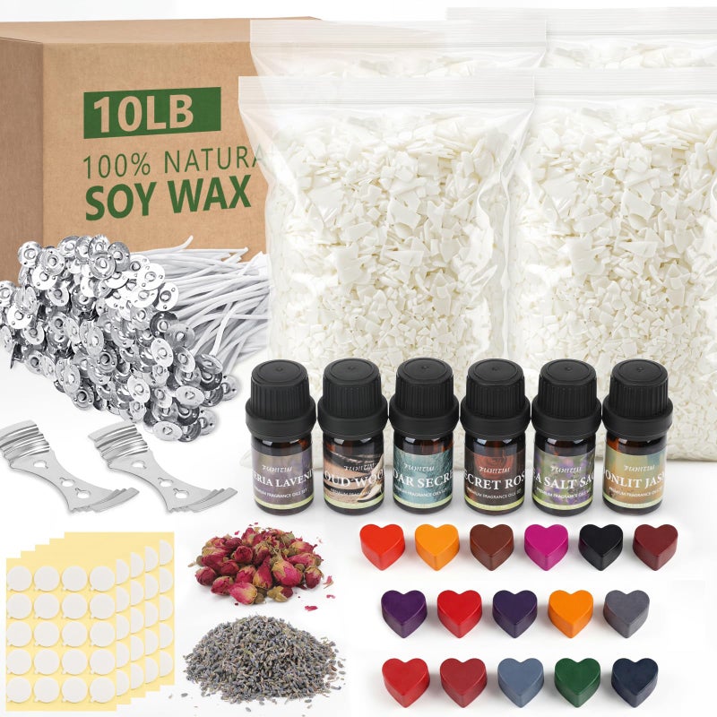 FUHITIM Soy Candle Wax Kit for Candle Making 10 lbs Bag, Premium Natural Soy Wax Flakes, No additives and Pure, 100 Cotton Candle Wicks, Fragrance Oils, Dried Flowers & Pigment Colors - Image 1