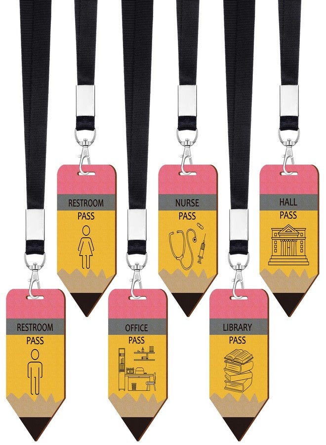 Sabary 6 Sets Hall Pass Lanyards and School Passes Set for Classrooms Wooden Bathroom Classroom Must Haves for Restroom, Library, Office and Nurse School Teacher Supplies Gift(Classic,Pencil) - Image 1
