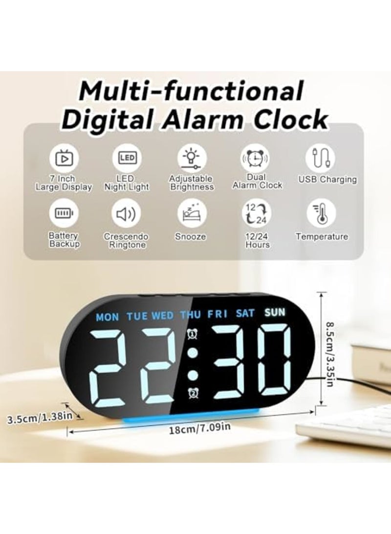 SYOSI Digital Alarm Clock for Bedroom, Dual Alarms and Snooze Function for Heavy Sleepers Adults, 7.09'' Large LED Display with 12/24 H, Week, Date, Temperature, Memory Function, USB Charging Port (Black) - Image 2