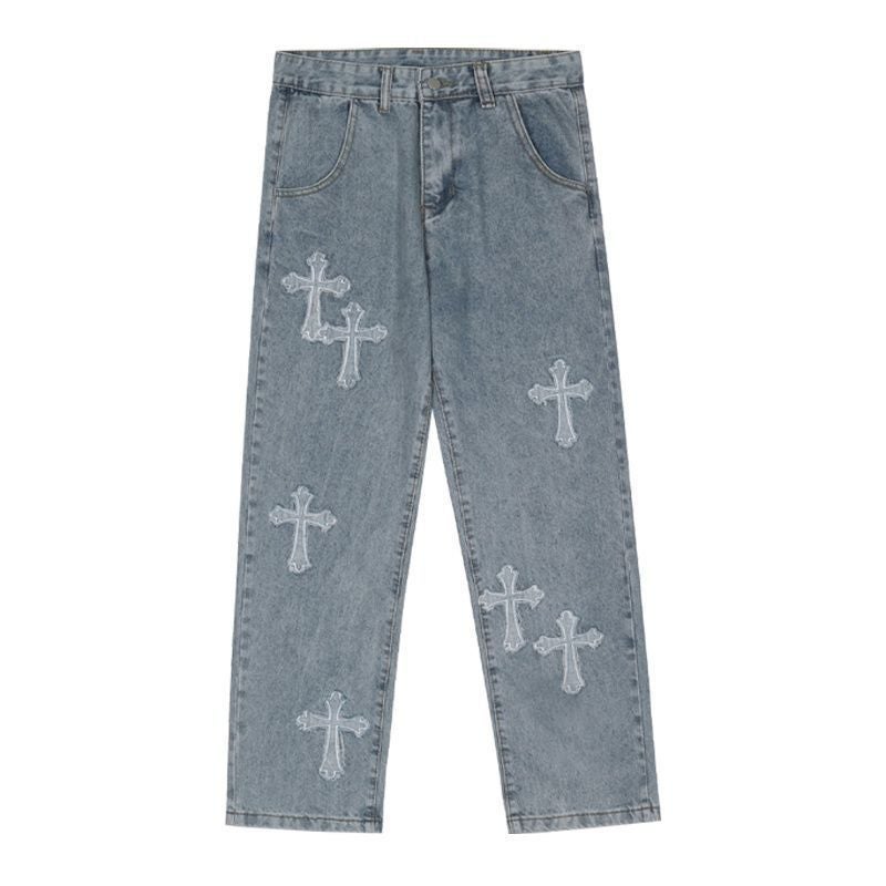 Hip Hop Cross Patch Jeans Mens Streetwear Loose Fit Blue theme 